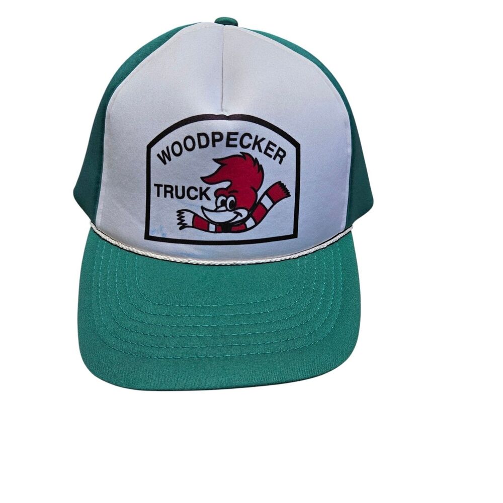 Vintage Trucker Hat Woodpecker Trucks Green White Mesh Snapback 5 Panel Cap